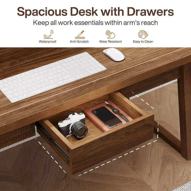 Bureau exécutif moderne du milieu du siècle noyer marron avec tiroir et pieds en bois massif - Usage unique