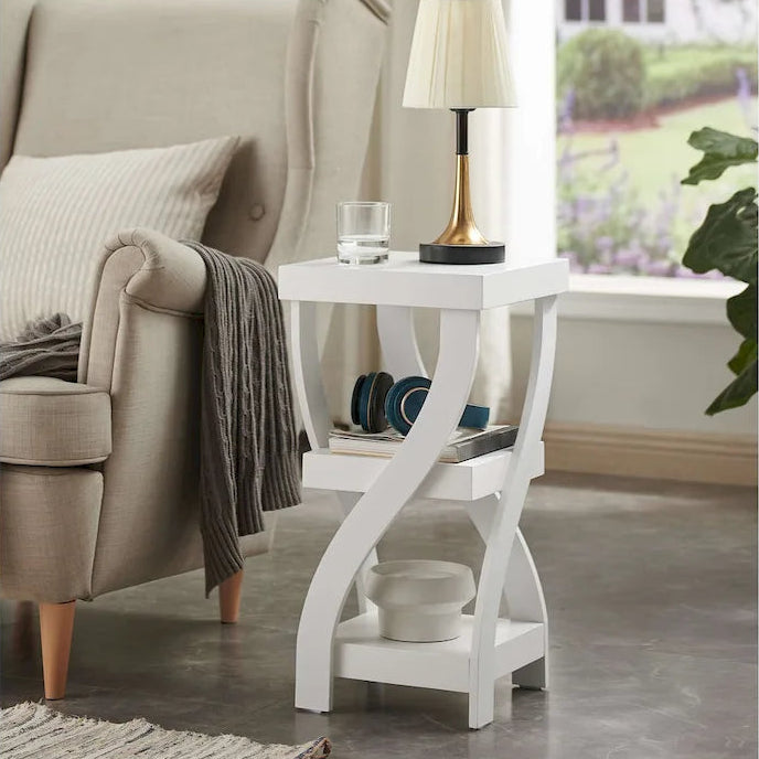 Side End Table, Accent Nightstand with Curved Legs and Storage Shelfs, White