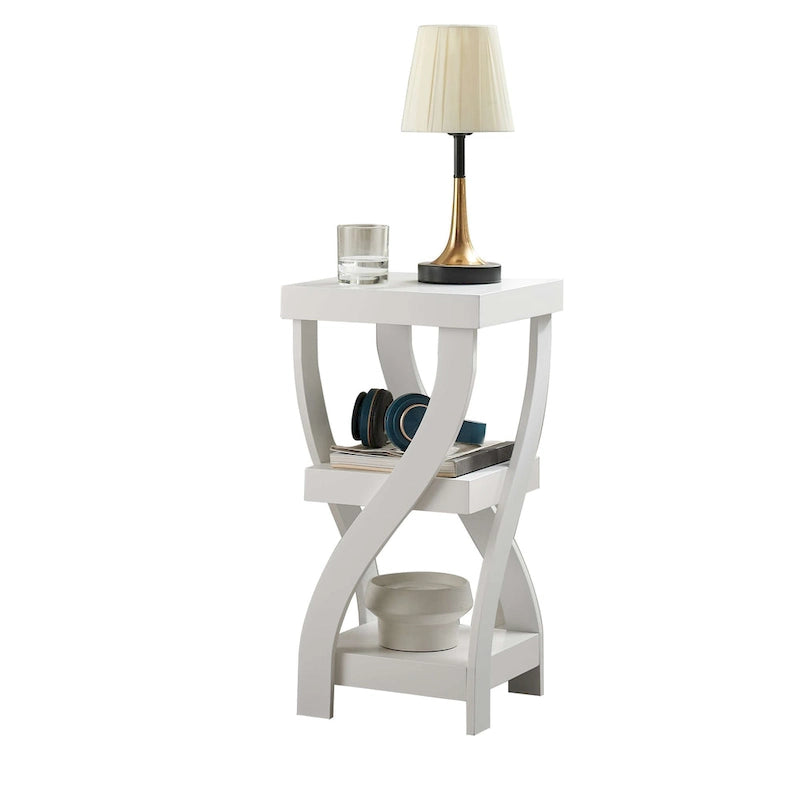 Table d'appoint carrée en bois blanc avec pieds incurvés et 2 étagères de rangement - Usage unique