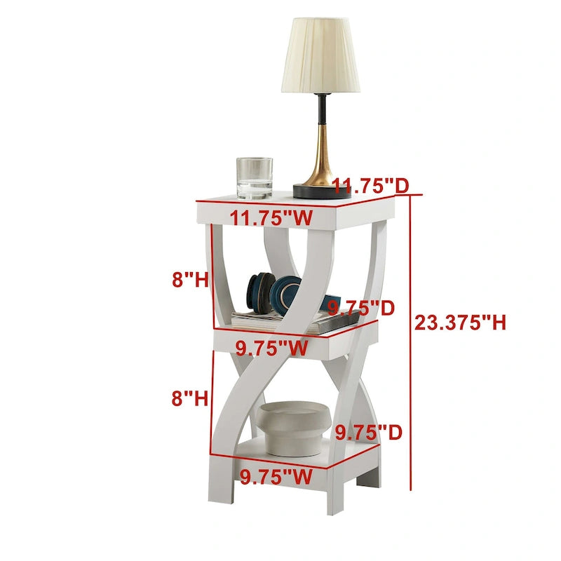 Table d'appoint carrée en bois blanc avec pieds incurvés et 2 étagères de rangement - Usage unique