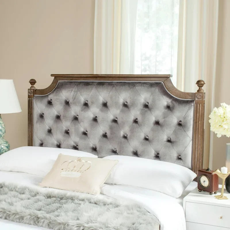 Tête de lit capitonnée avec cadre en bois rustique taupe / beige / gris / noir – Usage unique
