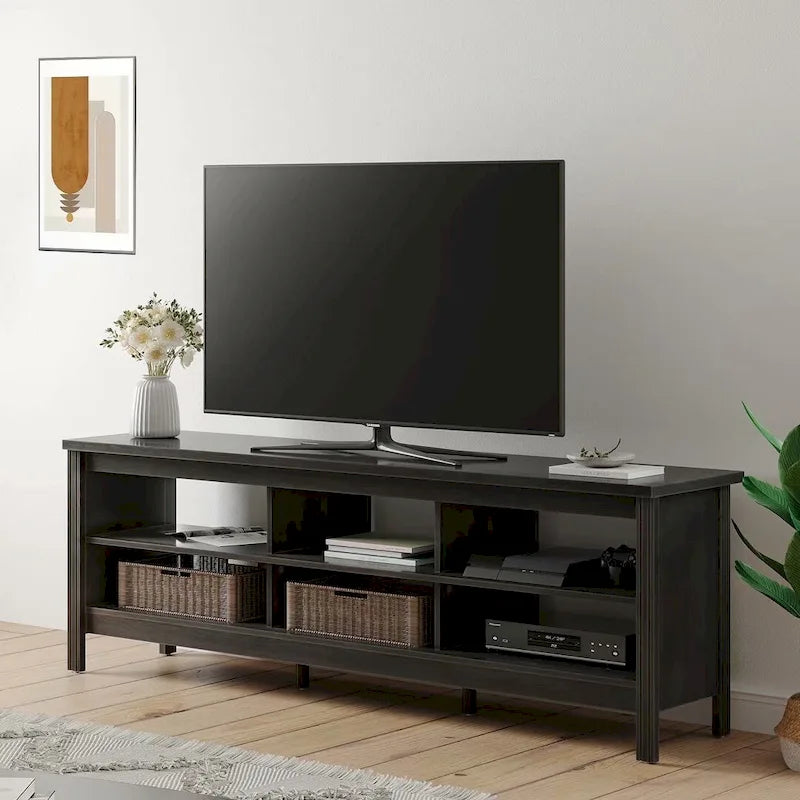 Meuble TV de ferme noir en MDF avec 6 étagères ouvertes – Pour téléviseurs jusqu'à 75 pouces