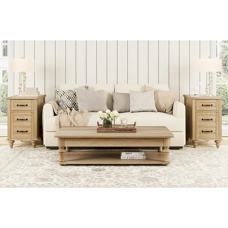 Table d'appoint moderne en chêne avec station de recharge et porte d'armoire - Lot de 2