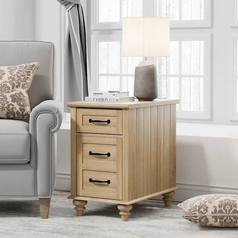 Table d'appoint moderne en chêne avec station de recharge et porte d'armoire - Lot de 2