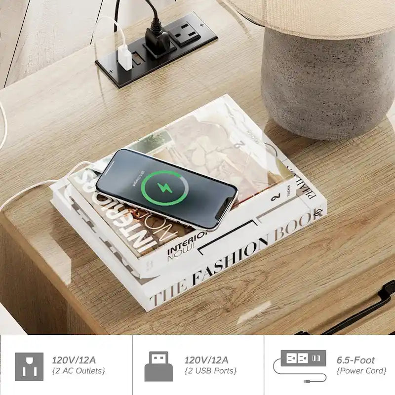 Table d'appoint moderne en chêne avec station de recharge et porte d'armoire - Lot de 2
