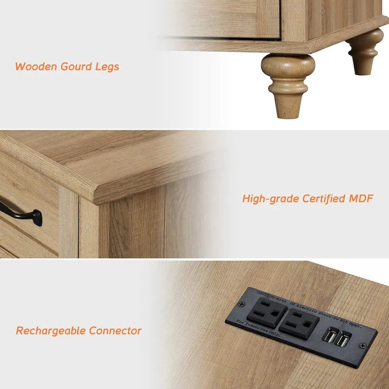Table d'appoint moderne en chêne avec station de recharge et porte d'armoire - Lot de 2