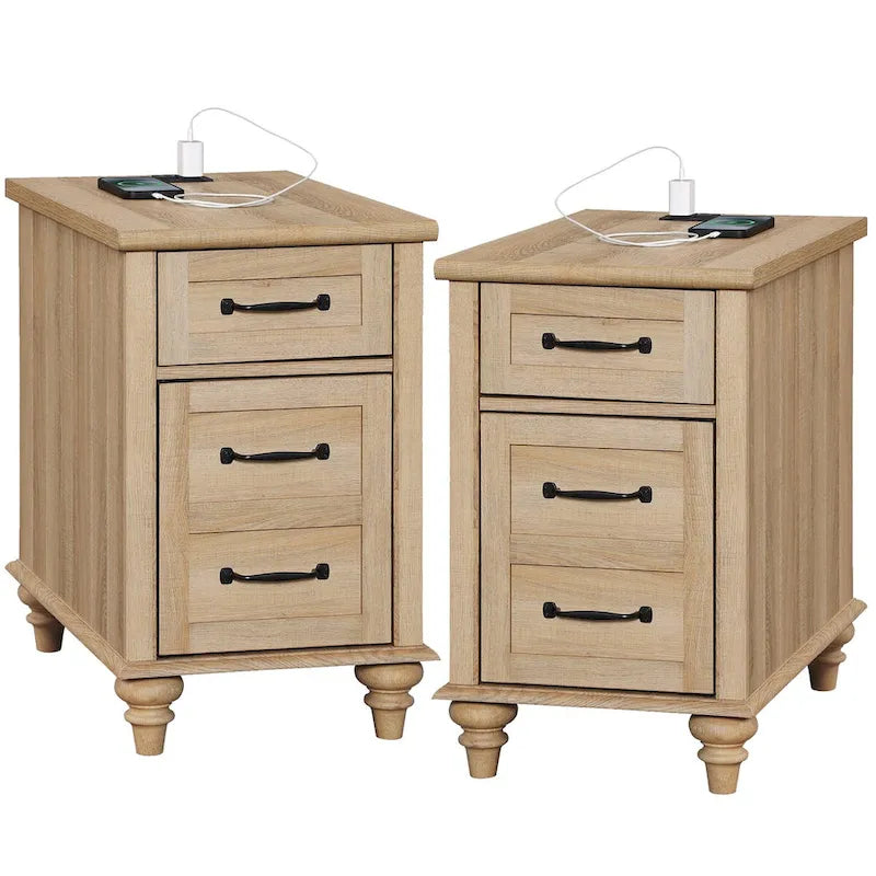 Table d'appoint moderne en chêne avec station de recharge et porte d'armoire - Lot de 2