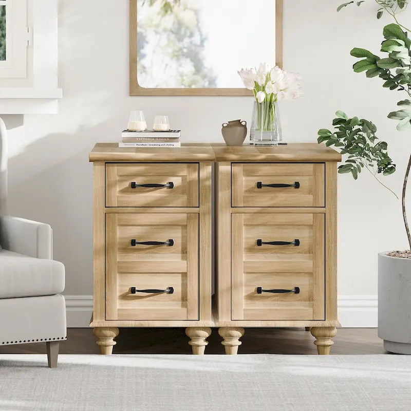 Table d'appoint moderne en chêne avec station de recharge et porte d'armoire - Lot de 2