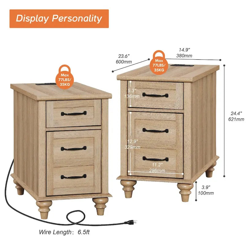 Table d'appoint moderne en chêne avec station de recharge et porte d'armoire - Lot de 2