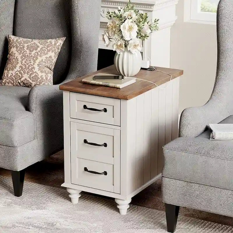 Table d'appoint moderne en chêne avec station de recharge et porte d'armoire - Lot de 2