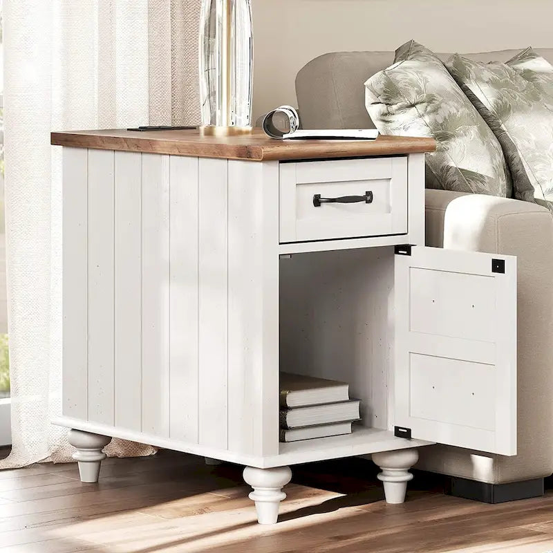 Table d'appoint moderne en chêne avec station de recharge et porte d'armoire - Lot de 2