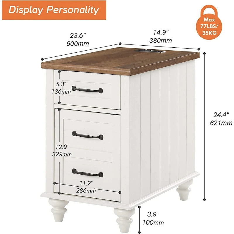 Table d'appoint moderne en chêne avec station de recharge et porte d'armoire - Lot de 2
