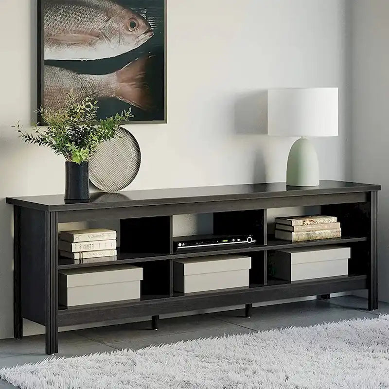 Meuble TV en bois noir anthracite avec 6 niches ouvertes et bandeau LED RGB - Usage unique