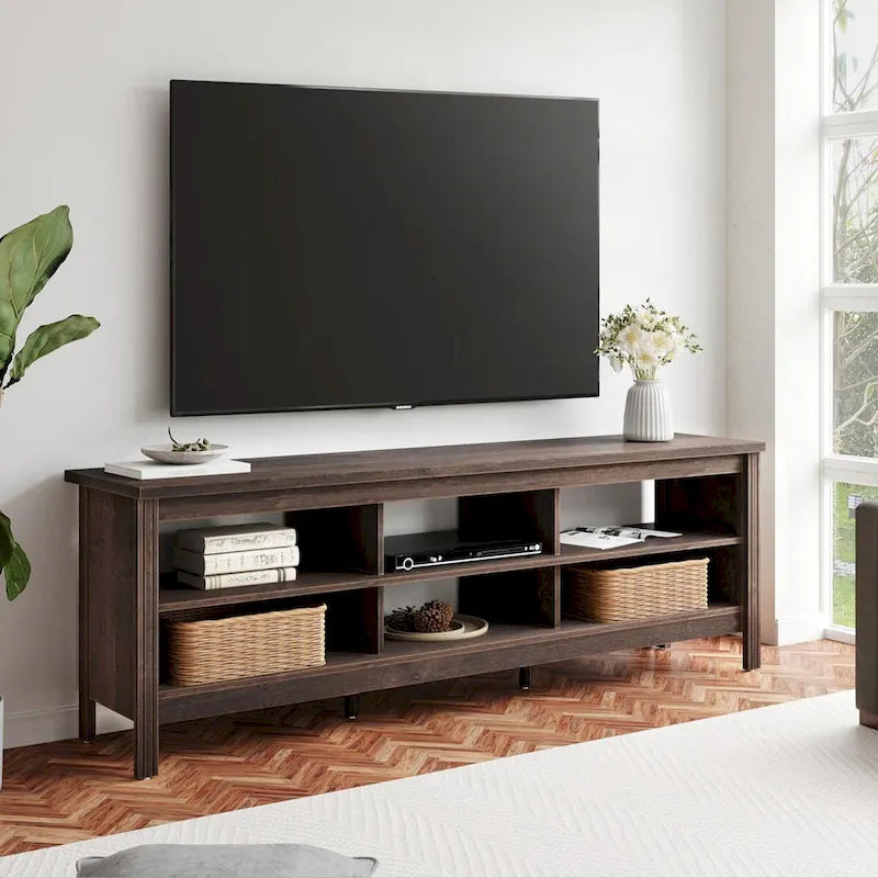 Meuble TV en bois noir anthracite avec 6 niches ouvertes et bandeau LED RGB - Usage unique