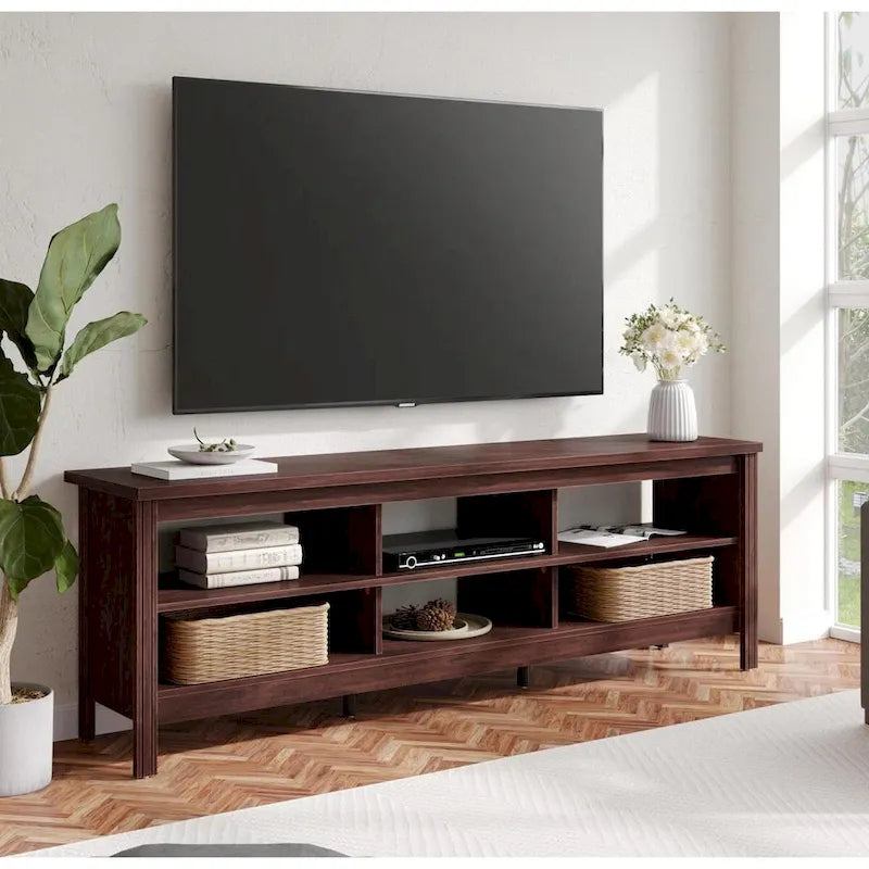 Meuble TV en bois noir anthracite avec 6 niches ouvertes et bandeau LED RGB - Usage unique