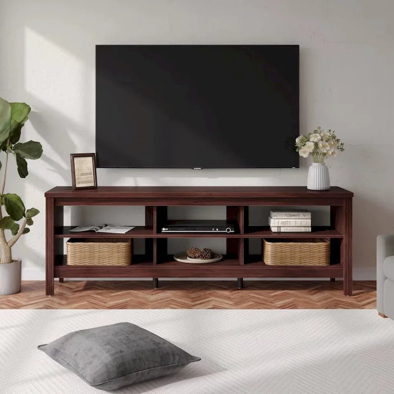 Meuble TV en bois noir anthracite avec 6 niches ouvertes et bandeau LED RGB - Usage unique
