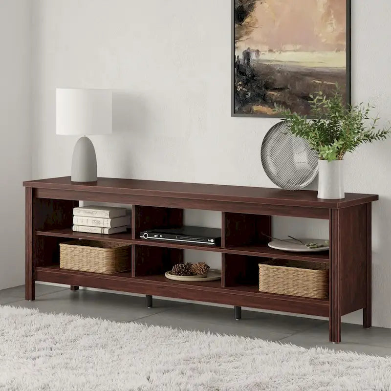 Meuble TV en bois noir anthracite avec 6 niches ouvertes et bandeau LED RGB - Usage unique