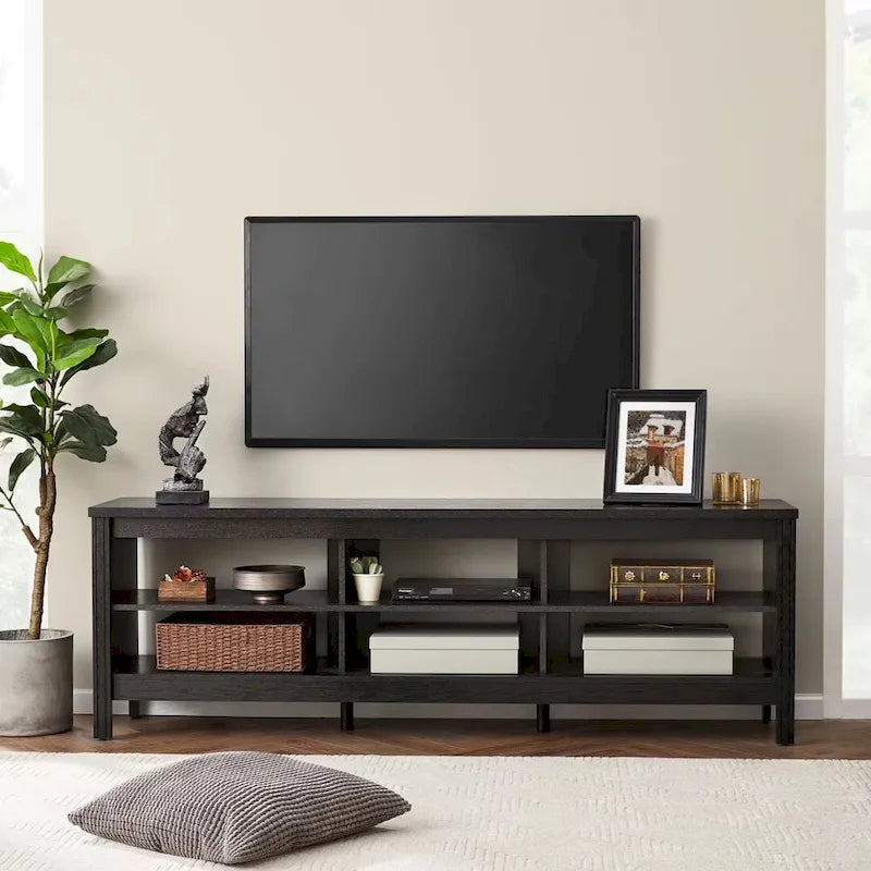 Meuble TV en bois noir anthracite avec 6 niches ouvertes et bandeau LED RGB - Usage unique