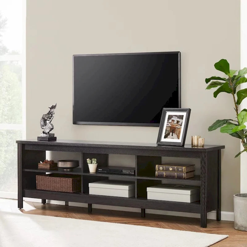 Meuble TV en bois noir anthracite avec 6 niches ouvertes et bandeau LED RGB - Usage unique