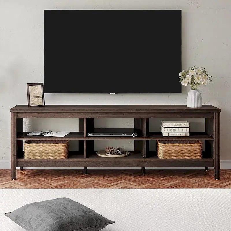 Meuble TV en bois noir anthracite avec 6 niches ouvertes et bandeau LED RGB - Usage unique