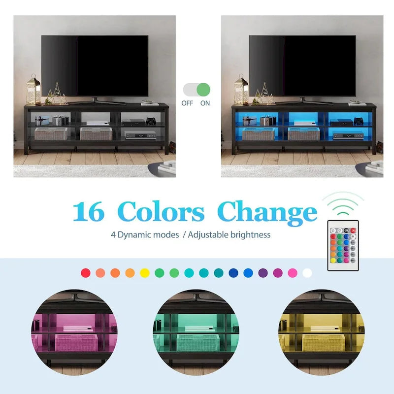 Meuble TV en bois noir anthracite avec 6 niches ouvertes et bandeau LED RGB - Usage unique
