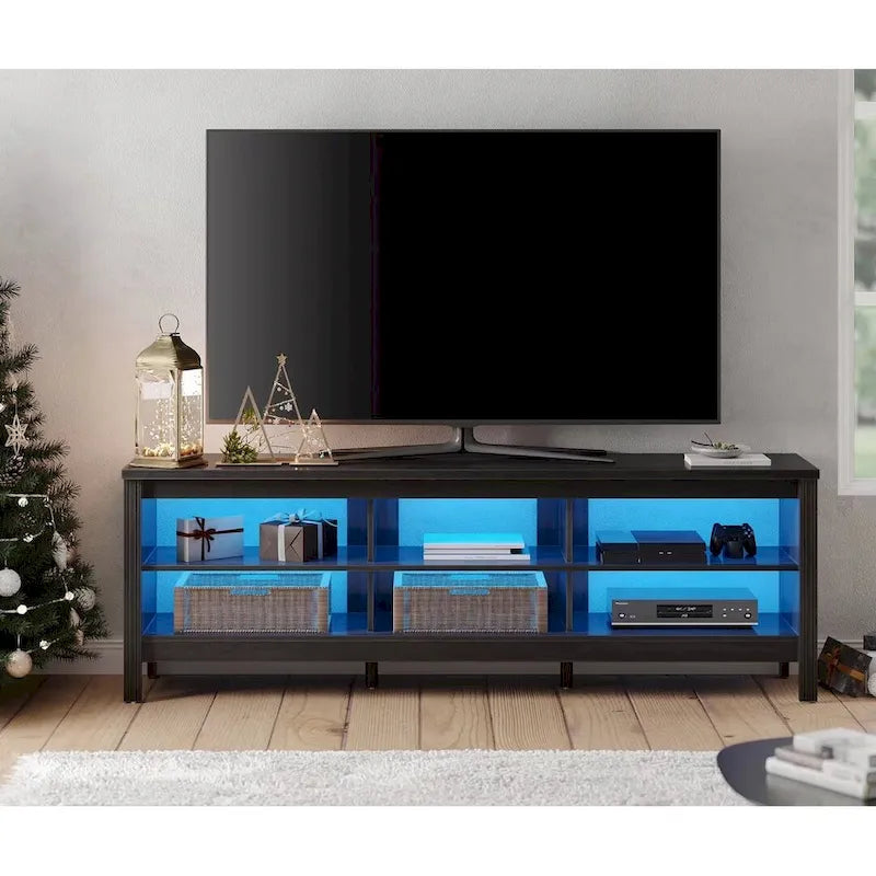 Meuble TV en bois noir anthracite avec 6 niches ouvertes et bandeau LED RGB - Usage unique