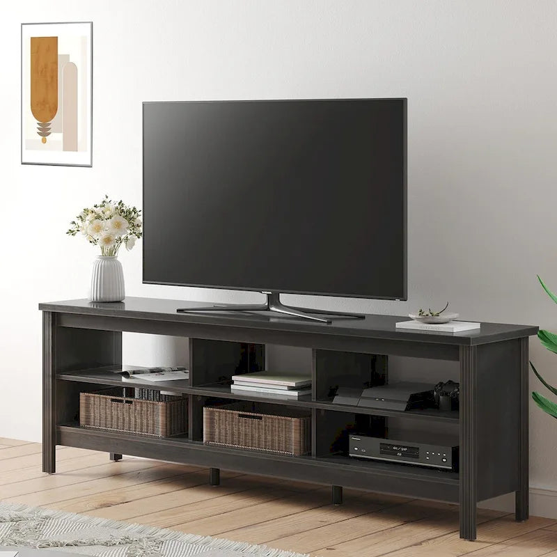 Meuble TV en bois noir anthracite avec 6 niches ouvertes et bandeau LED RGB - Usage unique