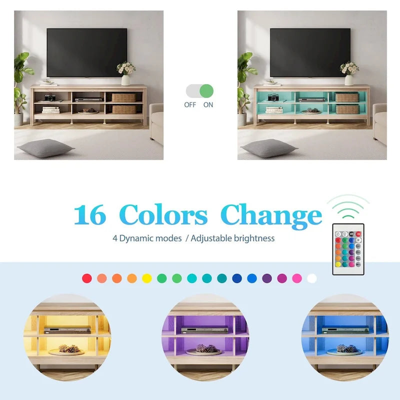 Meuble TV en bois noir anthracite avec 6 niches ouvertes et bandeau LED RGB - Usage unique