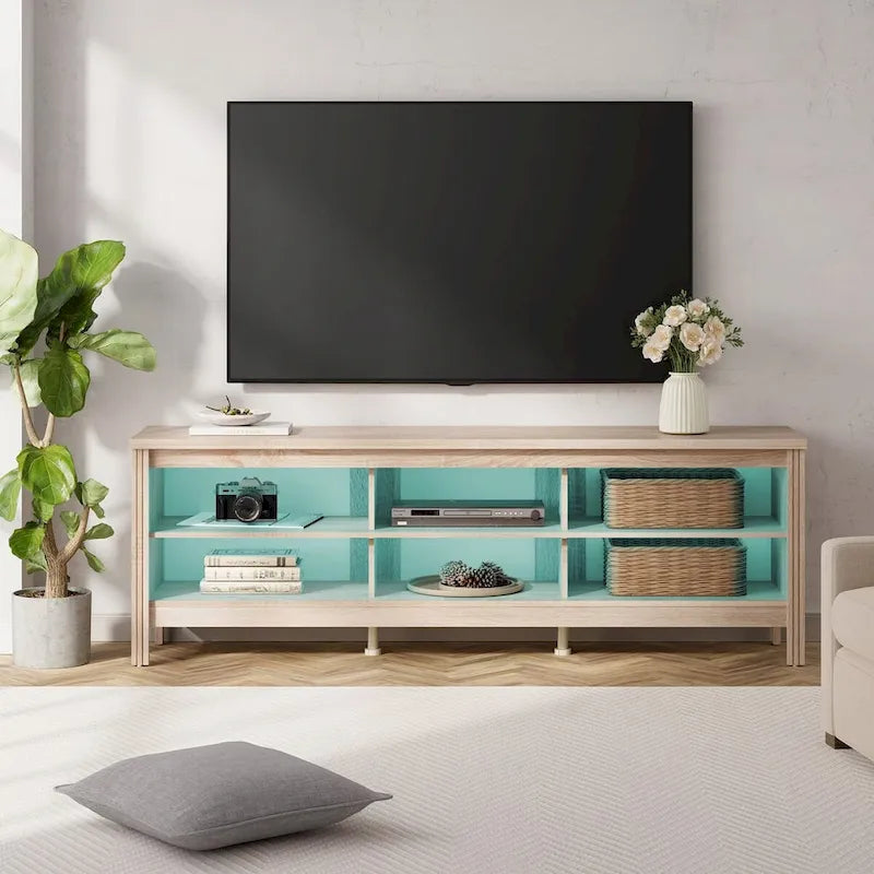 Meuble TV en bois noir anthracite avec 6 niches ouvertes et bandeau LED RGB - Usage unique
