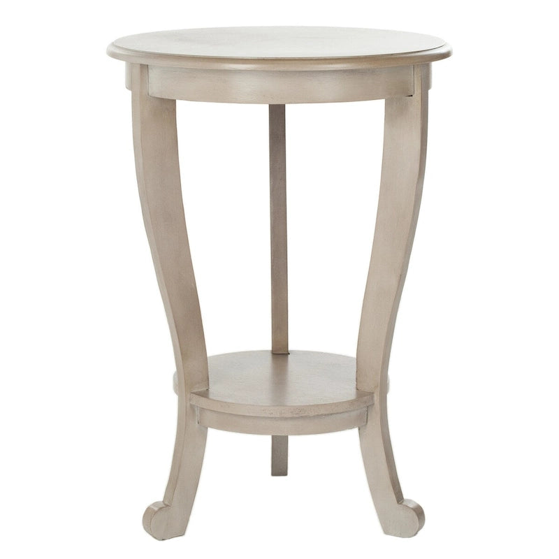 Table d'appoint ronde à piédestal en pin gris vintage/cerisier foncé/crème vieilli/noir vieilli avec pieds galbés et étagère inférieure