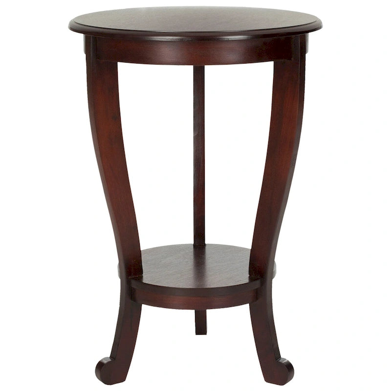 Table d'appoint ronde à piédestal en pin gris vintage/cerisier foncé/crème vieilli/noir vieilli avec pieds galbés et étagère inférieure