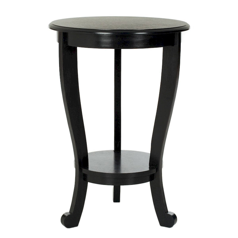 Table d'appoint ronde à piédestal en pin gris vintage/cerisier foncé/crème vieilli/noir vieilli avec pieds galbés et étagère inférieure