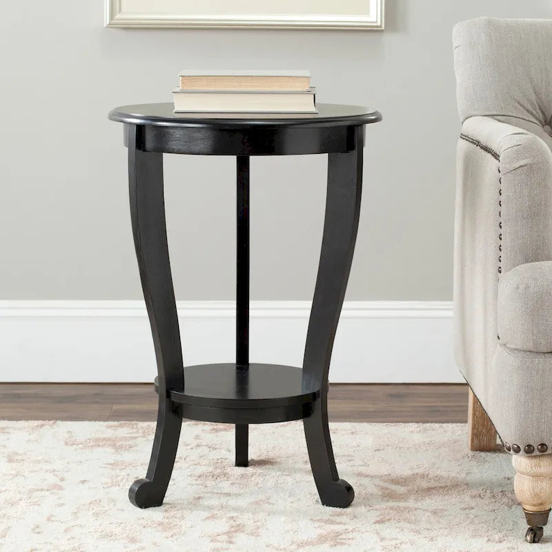 Table d'appoint ronde à piédestal en pin gris vintage/cerisier foncé/crème vieilli/noir vieilli avec pieds galbés et étagère inférieure