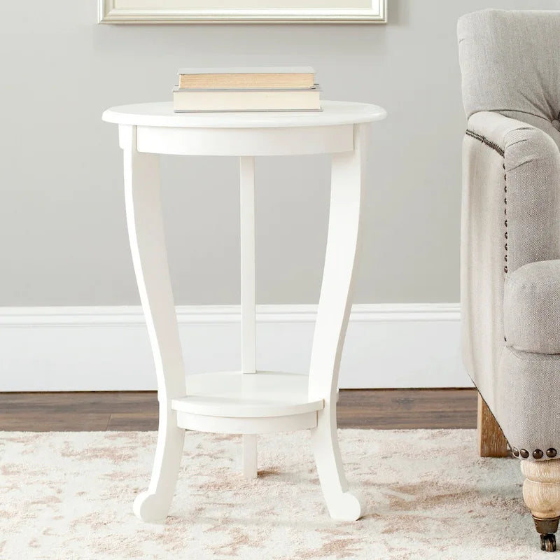 Table d'appoint ronde à piédestal en pin gris vintage/cerisier foncé/crème vieilli/noir vieilli avec pieds galbés et étagère inférieure