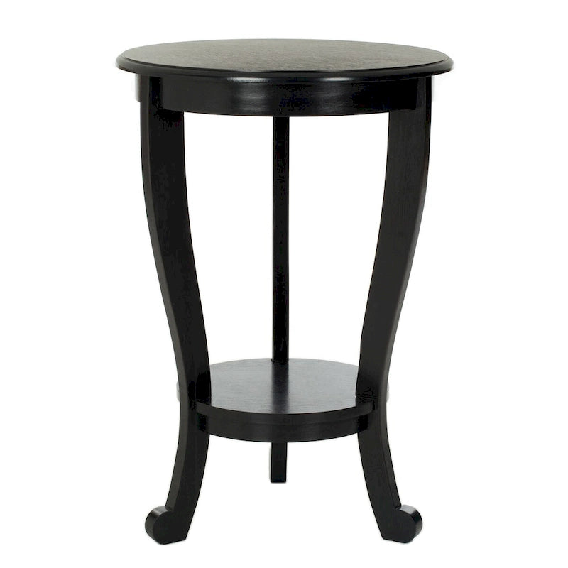Table d'appoint ronde à piédestal en pin gris vintage/cerisier foncé/crème vieilli/noir vieilli avec pieds galbés et étagère inférieure