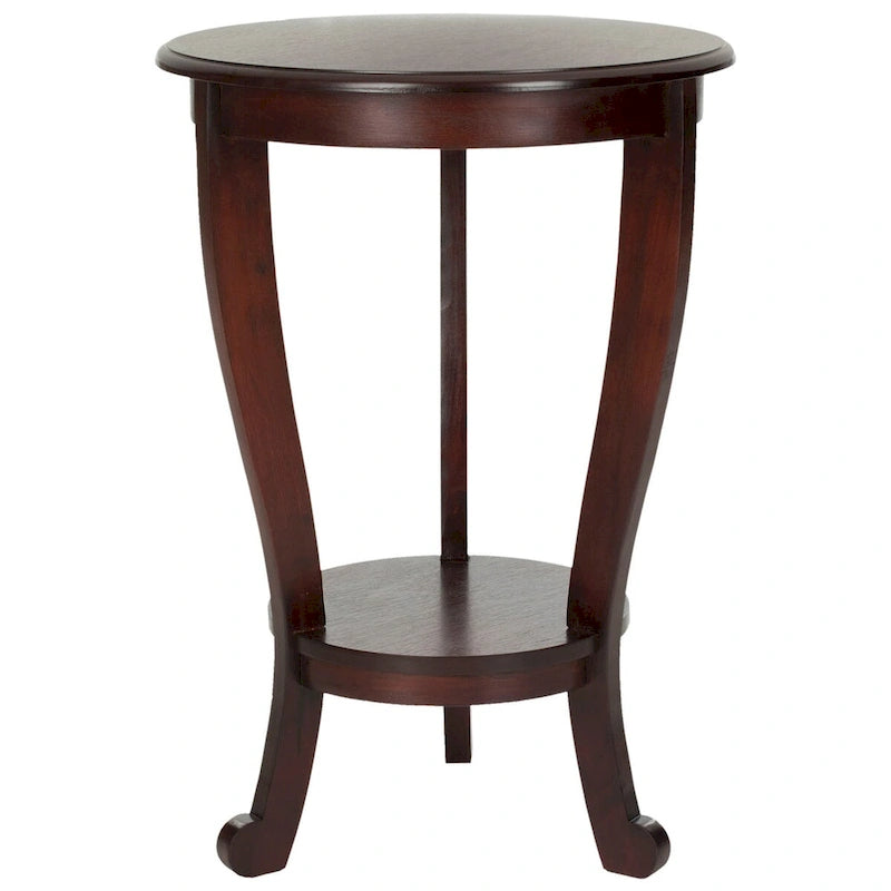 Table d'appoint ronde à piédestal en pin gris vintage/cerisier foncé/crème vieilli/noir vieilli avec pieds galbés et étagère inférieure
