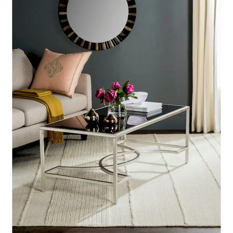 Table basse en fer et verre trempé or/argent avec entretoise incurvée - Usage unique