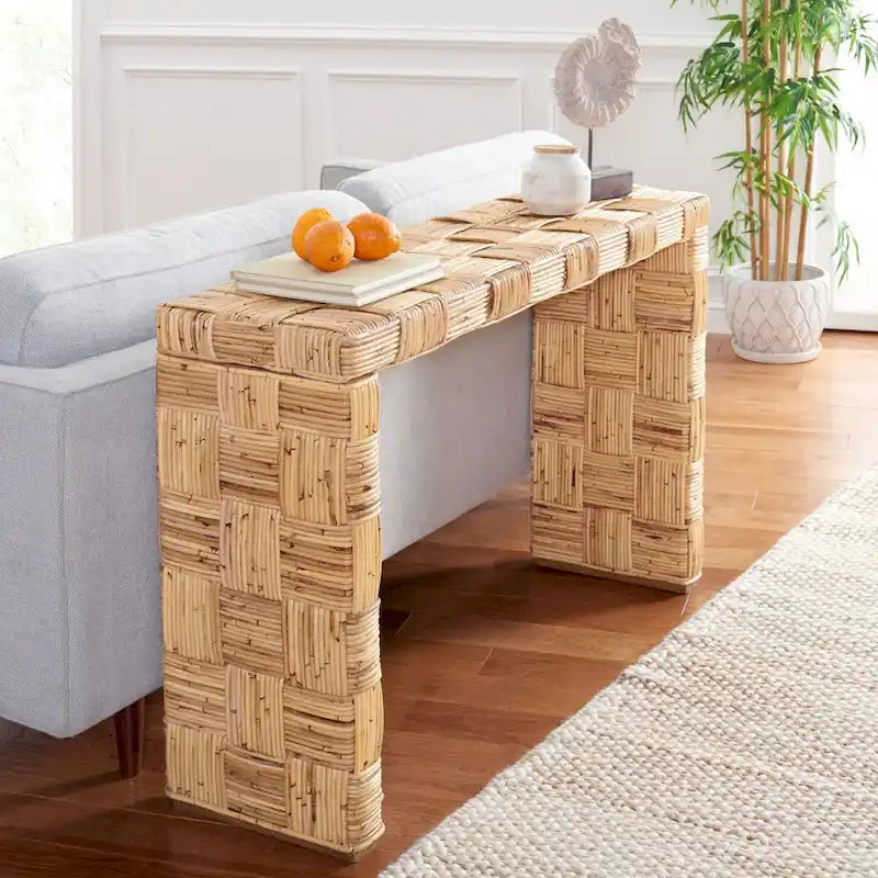 Table console croisée en rotin naturel noir/blanc/miel - Usage unique