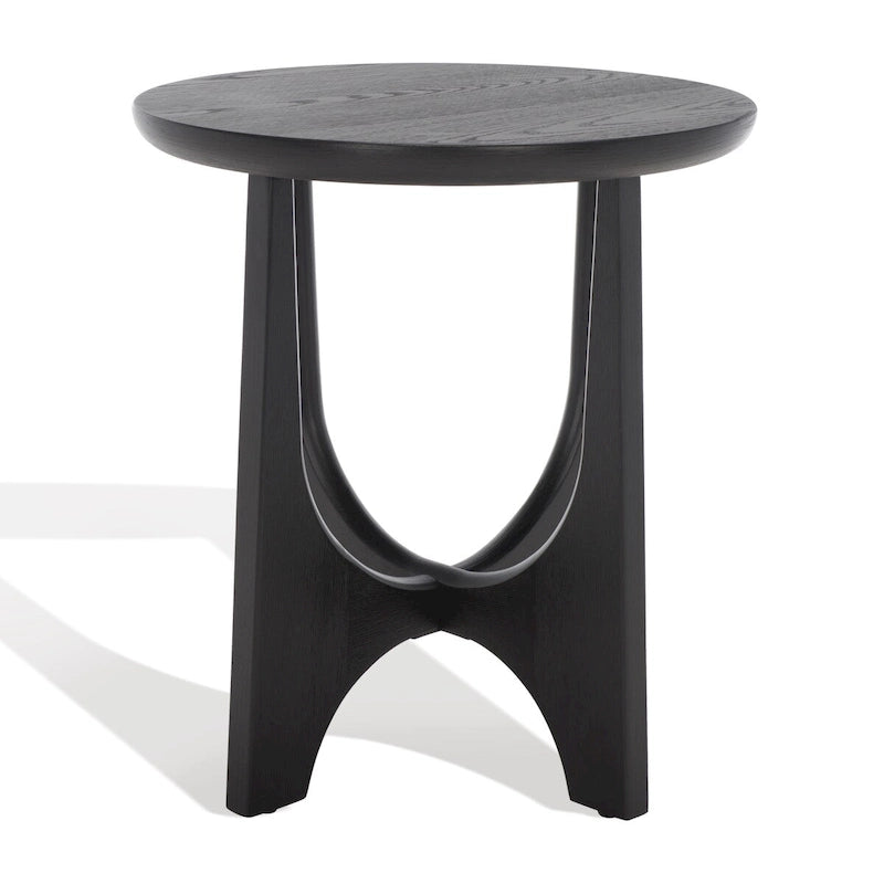 Table d'appoint en bois de style Mid-Century en chêne moyen / délavé blanc / noir avec piètement tréteau - Utilisation unique