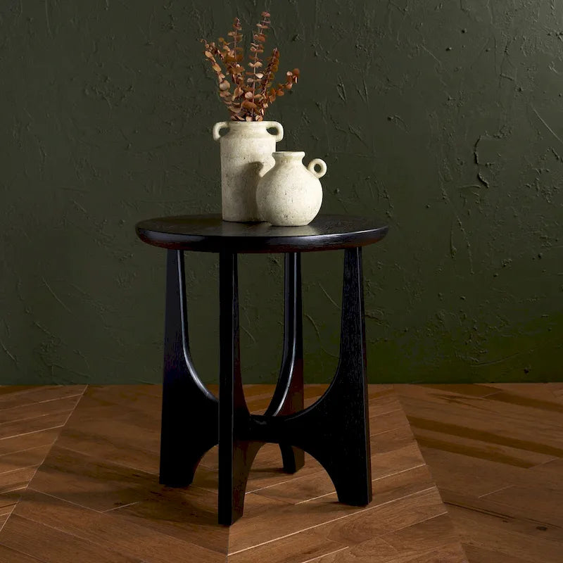 Table d'appoint en bois de style Mid-Century en chêne moyen / délavé blanc / noir avec piètement tréteau - Utilisation unique