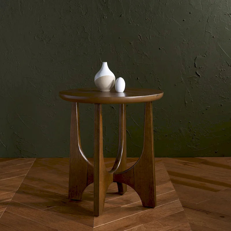 Table d'appoint en bois de style Mid-Century en chêne moyen / délavé blanc / noir avec piètement tréteau - Utilisation unique