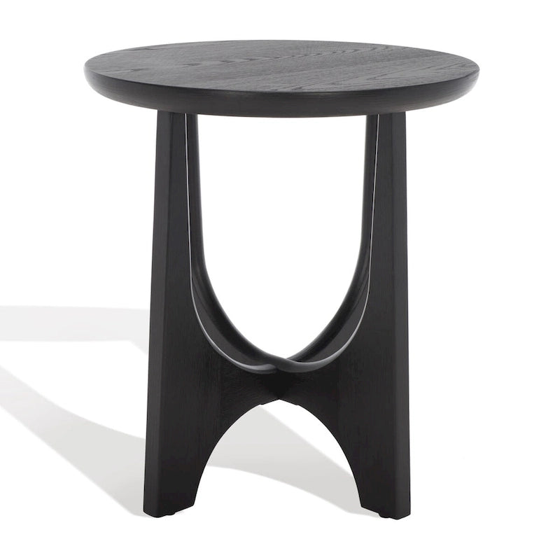 Table d'appoint en bois de style Mid-Century en chêne moyen / délavé blanc / noir avec piètement tréteau - Utilisation unique
