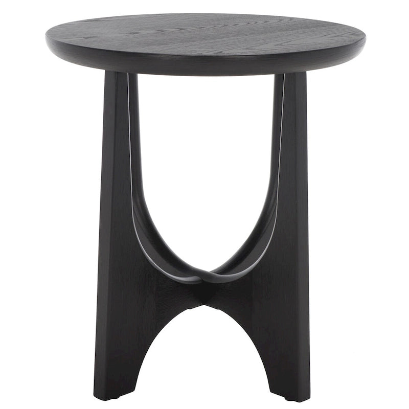 Table d'appoint en bois de style Mid-Century en chêne moyen / délavé blanc / noir avec piètement tréteau - Utilisation unique