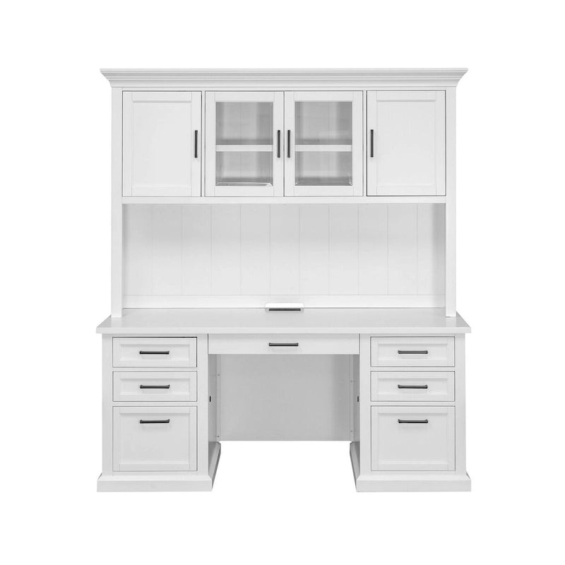 Vaisselier en bois blanc de style Shaker avec portes à cadre, panneaux à rainures et languettes et quincaillerie noire - Finition bois