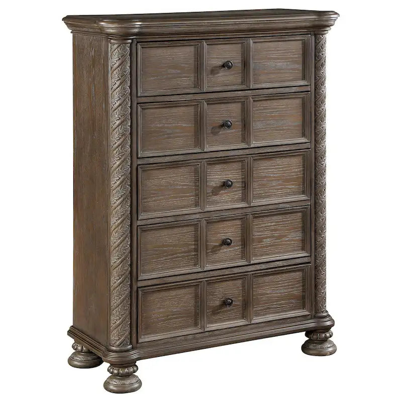 Commode haute classique marron à 5 tiroirs avec pieds boules - Usage unique