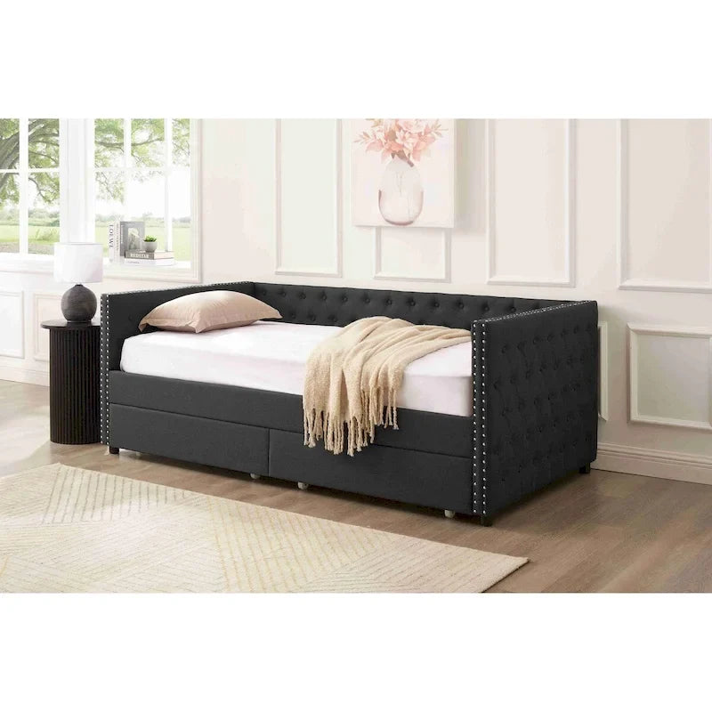 Lit de repos capitonné mi-siècle noir/marron avec 2 tiroirs - Siège simple