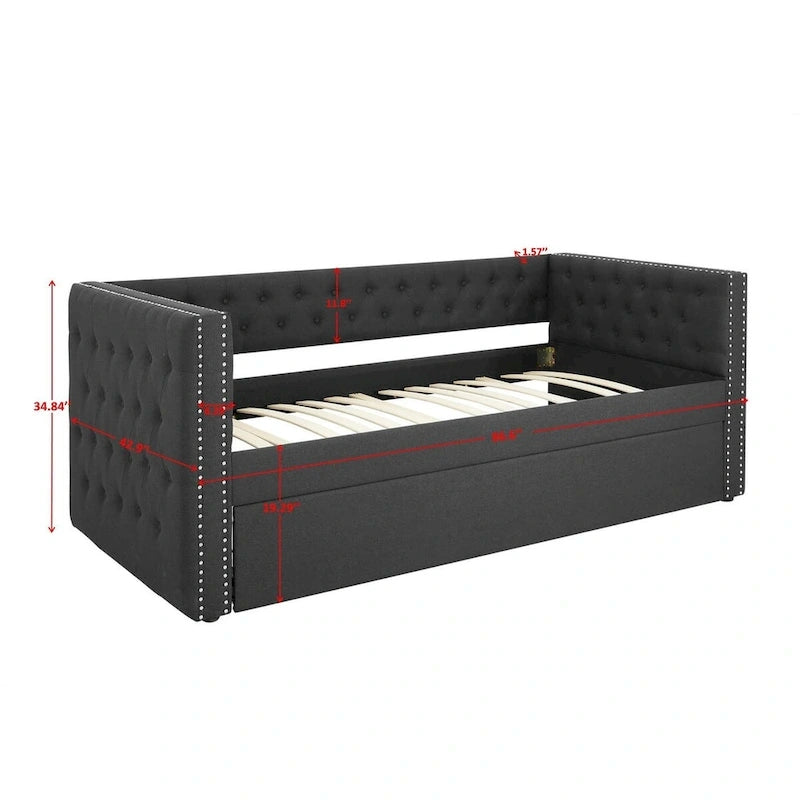 Lit de repos capitonné mi-siècle noir/marron avec 2 tiroirs - Siège simple
