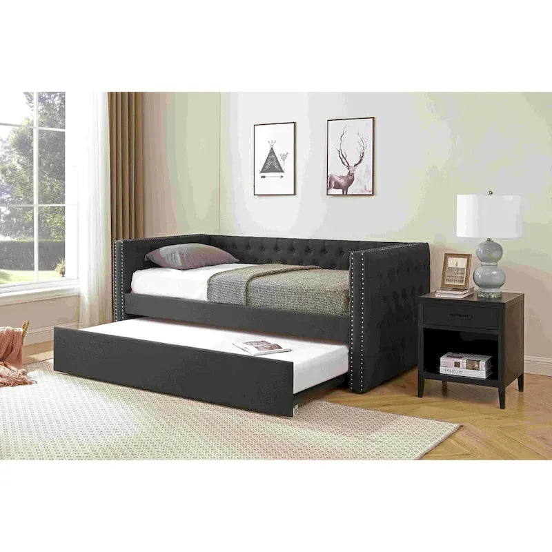 Lit de repos capitonné mi-siècle noir/marron avec 2 tiroirs - Siège simple