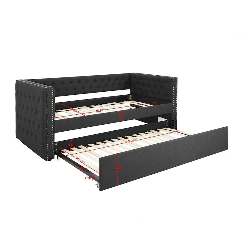 Lit de repos capitonné mi-siècle noir/marron avec 2 tiroirs - Siège simple