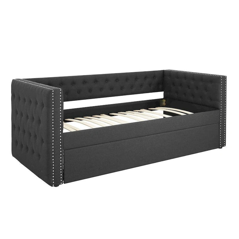 Lit de repos capitonné mi-siècle noir/marron avec 2 tiroirs - Siège simple